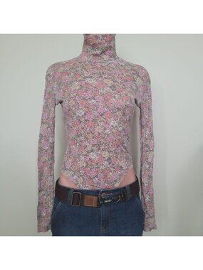 H&amp;m Fairycore Coquette Cotton Mock Neck Floral Bodycon Bodysuit (S)